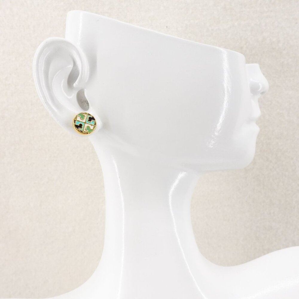 Tory Burch Kira Enamel Circle Stud Earrings Tory Navy/Agave/Multi OS - Picture 2 of 7